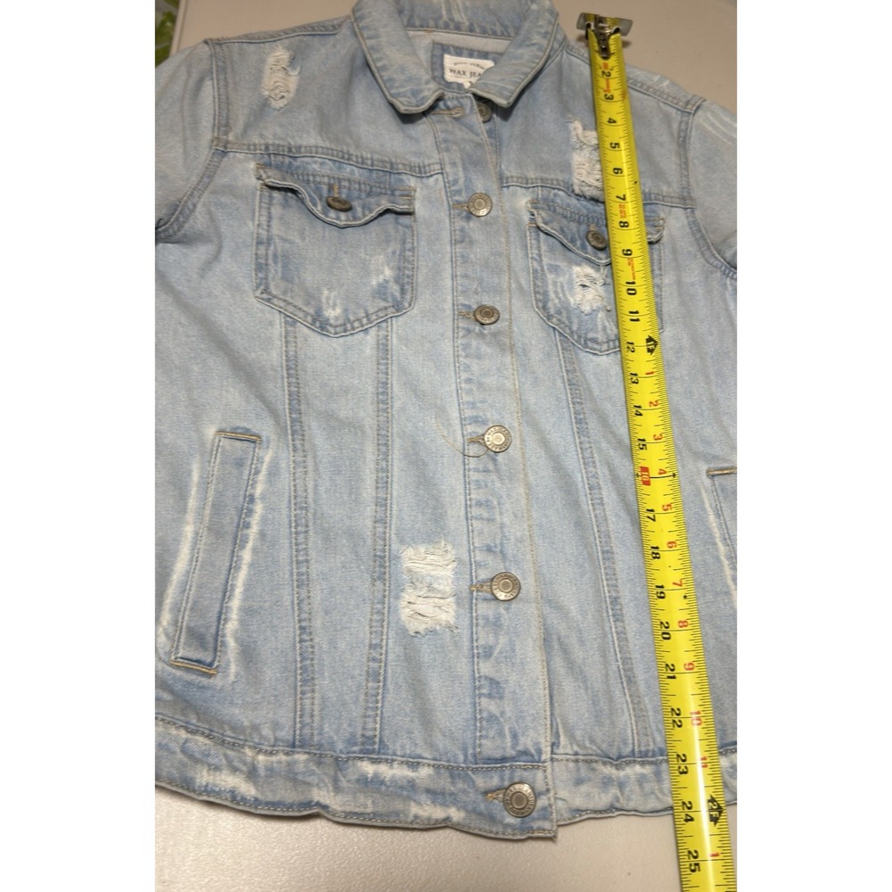 WAX JEAN Distressed Denim Jacket Light Wash Ripped Trucker Y2K Streetwear Small - Picture 4 of 7